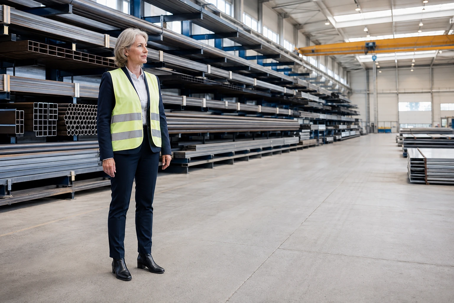 Helle Lagerhalle eines Metallhandels mit Stahlprofilen und Verladebereich